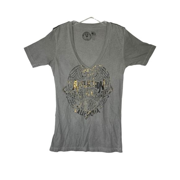 Affliction women's size medium gray tee short sleeve deep v neck y2k bling - Picture 1 of 8